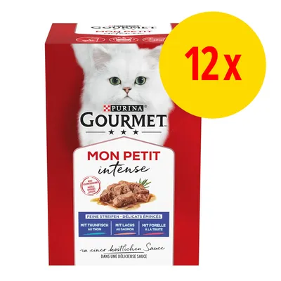 Purina Gourmet Mon Petit Intense, 12 x feine Streifen mit Thunfisch, Lachs und Forelle in köstlicher Sauce. Purina Gourmet Mon Petit Intense, 12 x feine Streifen mit Thunfisch, Lachs und Forelle in köstlicher Sauce.