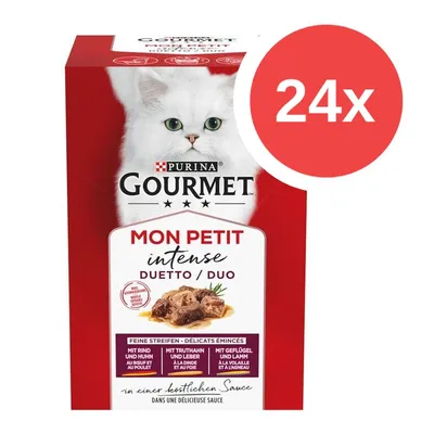 Purina Gourmet Mon Petit Intense Duetto/Duo, 24x. Na obalu bílá kočka a obrázek krmiva. Text: Mit Rind und Huhn, Mit Truthahn und Leber, Mit Geflügel und Lamm.