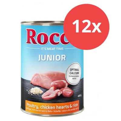 Rocco Junior Nassfutter, Geflügel, Hühnerherzen & Reis, 400g, 12x. Optimal Calcium-Phosphor-Verhältnis für Welpen.