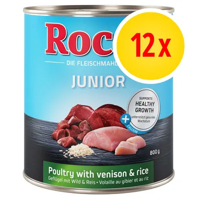 Rocco Junior, confezione da 12x800g, alimento con pollo, selvaggina e riso. Testo visibile: Supports healthy growth, calcium. Etichetta verde: Poultry with venison & rice.