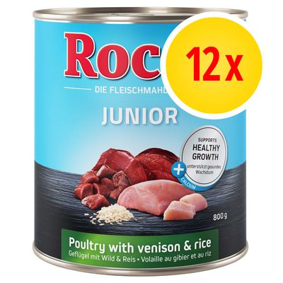 Fai scorta! Rocco Junior 12 x 800 g Umido cane 2 varianti: Tacchino con Cuore di Vitello + Carni bianche con Selvaggina