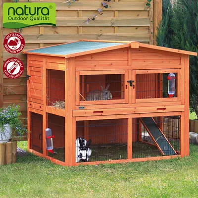 Drvena kućica za male životinje s dvije razine, otporna na vremenske uvjete, jednostavna montaža. Marka: natura Outdoor Qualität. Dva vidljiva zeca, integrirane boce za vodu i rampa.
