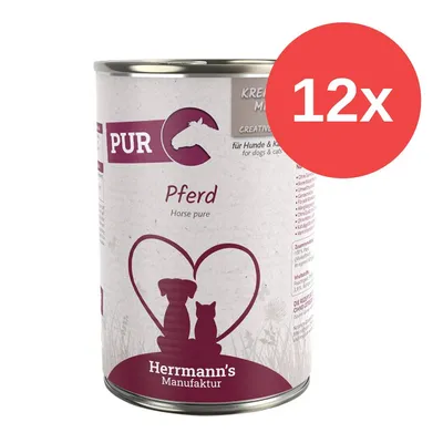 Herrmann's Manufaktur PUR Pferd Nassfutter für Hunde und Katzen, 12x Dosen. Illustration mit Hund und Katze in Herzform.