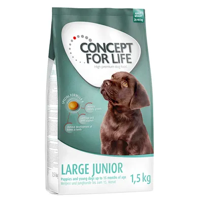 Concept for Life Large Junior, cibo per cani cuccioli e giovani fino a 15 mesi, 1,5 kg. Supporta la crescita sana, lo sviluppo di articolazioni e ossa. Concept for Life Large Junior, cibo per cani cuccioli e giovani fino a 15 mesi, 1,5 kg. Supporta la crescita sana, lo sviluppo di articolazioni e ossa.