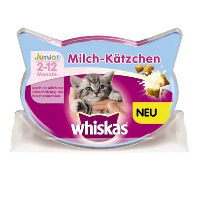 Whiskas Junior Milch-Kätzchen, 2–12 Monate, NEU. Tekst na njemačkom: Reich an Milch zur Unterstützung des Knochenaufbaus. Pakiranje s mačićem i mliječnim zalogajima.