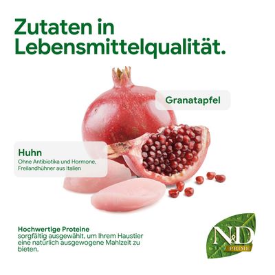 Zutaten in Lebensmittelqualität: Granatapfel, Huhn ohne Antibiotika und Hormone, Freilandhühner aus Italien. Hochwertige Proteine für eine ausgewogene Mahlzeit.