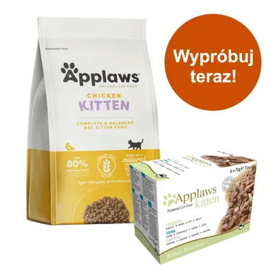 Applaws Chicken Kitten karma sucha i mokra dla kociąt, opakowania z widocznymi nazwami produktów. Okrągły napis: Wypróbuj teraz!