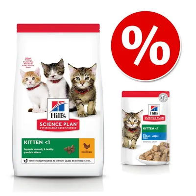 Hill's Science Plan Kitten <1 karma dla kociąt, opakowanie z kurczakiem i saszetka z rybą. Widoczny symbol procentu oznaczający promocję lub rabat.