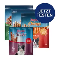 Rocco Sticks mit Rind, Rocco Chings Originals mit 100% Hähnchenbruststreifen. Jetzt testen.
