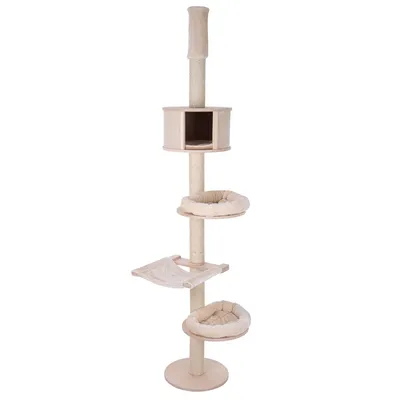 Kradsøjle med flere niveauer, inklusive hule, hængekøje og polstrede liggeflader. Beige farve, vertikal sisalsøjle og rund base.