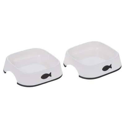 Two white feeding bowls with black fish symbol, square shape and non-slip base.