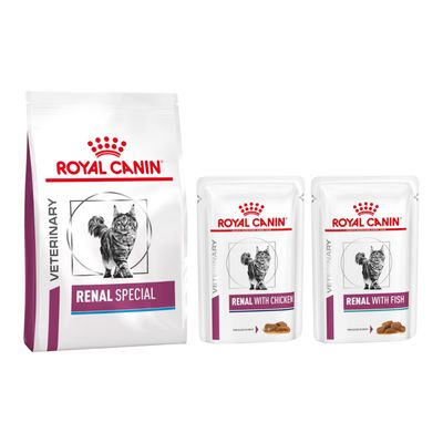 Royal Canin Veterinary Early Renal macskaeledel csomagolás, tasak és száraz táp képe, piros százalékos akciójelzéssel