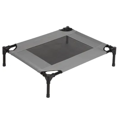 Lit surélevé pour animal, structure en plastique noir et tissu gris avec centre en maille noire, pieds antidérapants visibles, sans marque apparente.