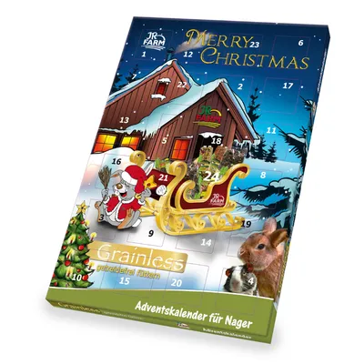 JR Farm Grainless Adventskalender für Nager, tekst: Merry Christmas, getreidefrei füttern. Billede af kanin og gnaver, juletema med nisse og kane.