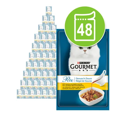Purina Gourmet Perle Genuss in Sauce, embalagem de 48 saquetas visíveis. Imagem mostra ração húmida para gatos com frango em molho, texto em alemão e francês na embalagem.