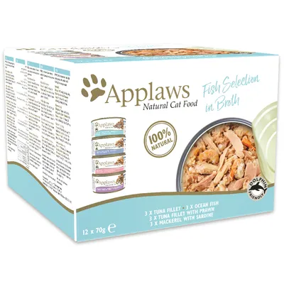 Applaws Natural Cat Food Fish Selection in Broth, 100% natural, 12 x 70 g. Sisältää: 3 x tonnikalafilee, 3 x merikala, 3 x tonnikalafilee katkaravulla, 3 x makrilli sardellilla.