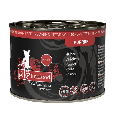 catz finefood N°103 PURRRR, Huhn (kana), 98 % lihaa ja keitinlientä, viljaton, ei lisättyä sokeria, ei eläinkokeita. Teksti englanniksi, saksaksi, ranskaksi, italiaksi, espanjaksi.