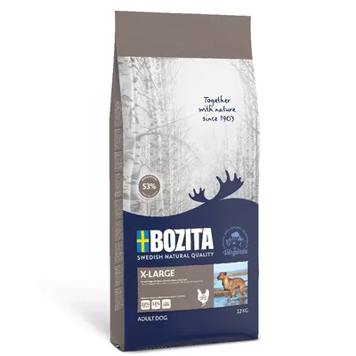Bozita Swedish Natural Quality X-Large, 53% animal protein, 22% protein, 13% fat, grain free, adult dog food, 12kg bag. Text: Together with nature since 1903.