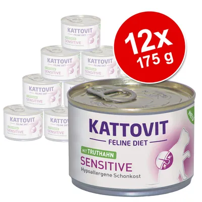 12 latas de 175 g de Kattovit Feline Diet Sensitive mit Truthahn, Hypoallergene Schonkost. Embalagem visível com texto e imagem de gato. 12 latas de 175 g de Kattovit Feline Diet Sensitive mit Truthahn, Hypoallergene Schonkost. Embalagem visível com texto e imagem de gato.