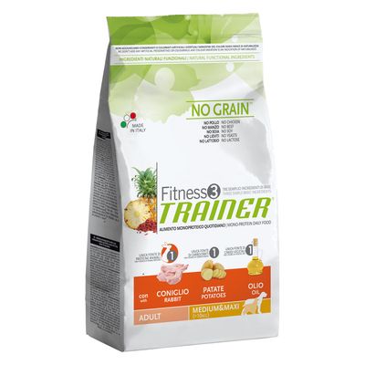 Karma Fitness3 Trainer Adult Medium&Maxi z królikiem, ziemniakami i olejem. Bez zbóż, kurczaka, wołowiny, soi, drożdży, laktozy. Made in Italy. Opakowanie 2,5 kg.