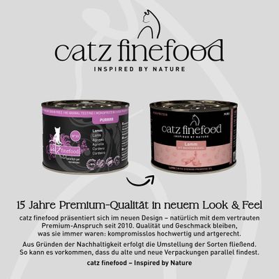 catz finefood Lamm im neuen und alten Design. Hinweis: Verpackungsumstellung, Qualität bleibt unverändert hochwertig. Beide Designs können parallel im Handel erscheinen.