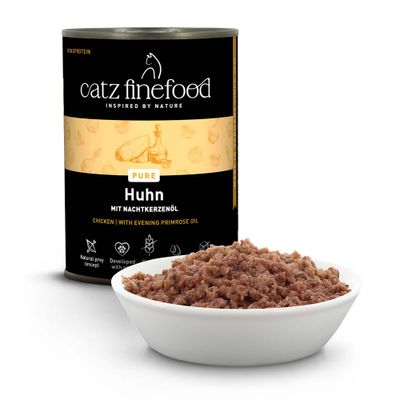 catz finefood Pure Huhn mit Nachtkerzenöl, Monoprotein, Natural prey concept, Developed with vets, Dose und Schale mit Fleischstücken abgebildet.