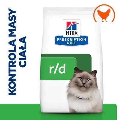 Hill's Prescription Diet r/d karma dla kota, kontrola masy ciała, opakowanie z wizerunkiem kota i symbolem kurczaka Hill's Prescription Diet r/d karma dla kota, kontrola masy ciała, opakowanie z wizerunkiem kota i symbolem kurczaka