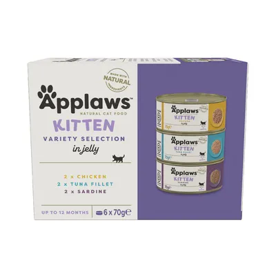 Applaws Kitten Variety Selection v žele, 6x70g. Okusi: 2x piščanec, 2x file tune, 2x sardina. Primerno do 12 mesecev. Iz naravnih sestavin.