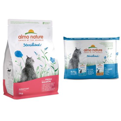 Almo Nature Sterilised Adult Cat Trockenfutter mit frischem Lachs, 2kg. Verpackung zeigt eine Katze und Blumenmotiv.