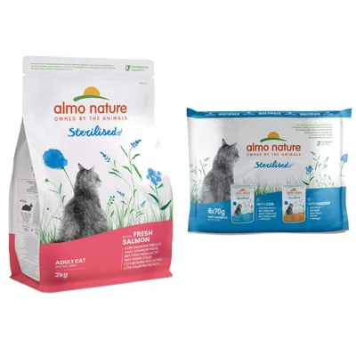 Croquettes Almo Nature Holistic Sterilised 2 kg + sachets 6 x 70 g  à 30 % de remise ! -Croquettes saumon, riz 2 kg + sashets mixte : 3 x 70 g poulet + 3 x 70 g cabillaud