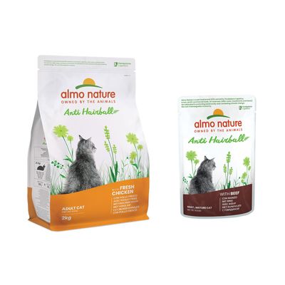 almo nature Anti Hairball Trockenfutter für erwachsene Katzen, mit frischem Huhn, 2kg Packung.