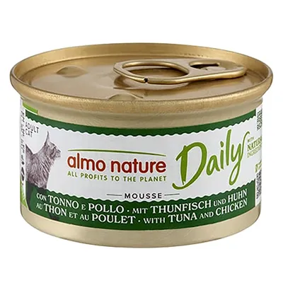 Almo Nature Daily Mousse per gatti adulti, con tonno e pollo. Tutti i profitti a favore del pianeta.