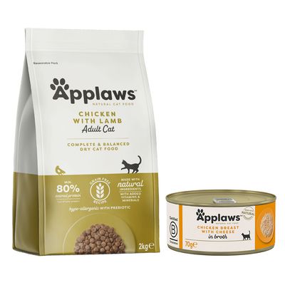 Applaws Bi-nutrition : Lot de croquettes et pâtée 2 kg Adult poulet & agneau + 6 x 156 g filet de poulet & fromage