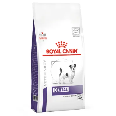 Bag labelled Royal Canin Veterinary Dental for small dogs, with VOHC accepted seal and image of a small dog. Text includes 'Dental' and 'Small Dogs S'. Bag labelled Royal Canin Veterinary Dental for small dogs, with VOHC accepted seal and image of a small dog. Text includes 'Dental' and 'Small Dogs S'.