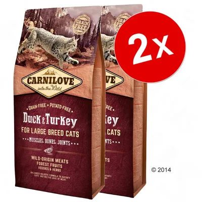 Lot de 2 sacs Carnilove Duck & Turkey for Large Breed Cats, grain free, potato free, pour chats de grande taille. Texte en anglais visible sur l’emballage. Lot de 2 sacs Carnilove Duck & Turkey for Large Breed Cats, grain free, potato free, pour chats de grande taille. Texte en anglais visible sur l’emballage.
