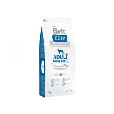 Sacchetto Brit Care Adult Large Breed Lamb & Rice 12 kg, visibile testo: 'ADULT LARGE BREED', 'Lamb & Rice', marchio Brit Care. Immagine del prodotto per cani adulti di taglia grande.