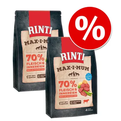 Pachet promoțional Rinti Max-i-mum, 70% Fleisch & Innereien, reich an frischem Rind, mit 30% Gemüse, getreidefrei, două saci a câte 4 kg fiecare, simbol procent roșu. Pachet promoțional Rinti Max-i-mum, 70% Fleisch & Innereien, reich an frischem Rind, mit 30% Gemüse, getreidefrei, două saci a câte 4 kg fiecare, simbol procent roșu.
