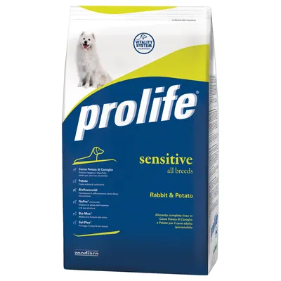 Prolife Sensitive All Breeds Rabbit & Potato. Vitality System con nucleotidi, carne fresca di coniglio e patate per cani sensibili. Alimento completo per tutte le razze.