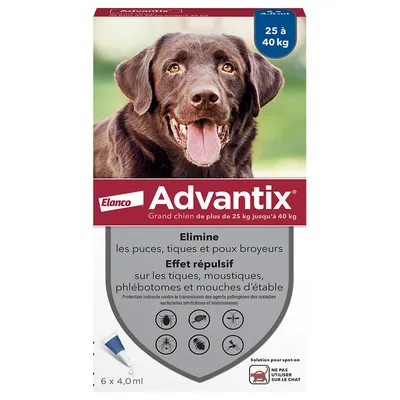 Advantix® grand chien, de 25 kg à 40 kg - 6 mois de protection (6 pipettes) Advantix® grand chien, de 25 kg à 40 kg - 6 mois de protection (6 pipettes)