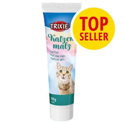 Tubo de 100 g Trixie Katzenmalz, Cat Malt, con imagen de gato y texto multilingüe. Etiqueta amarilla: TOP SELLER.