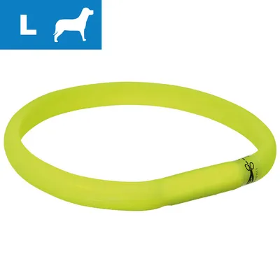 Gult halsbånd i plast, størrelse L vist med hundesilhuet og bogstavet L i blå felt øverst til venstre.