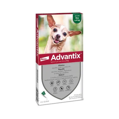 Elanco Advantix spot-on per cani fino a 4 kg, elimina zecche, pulci e pidocchi, repelle zanzare, flebotomi, mosche cavalline. Confezione da 4 x 0,4 ml.