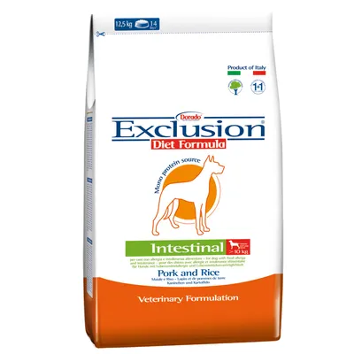 Sac hrană câini Dorado Exclusion Diet Formula Intestinal, 12,5 kg, mono protein source, porc și orez, Veterinary Formulation. Produs în Italia. Pentru câini sub 10 kg.