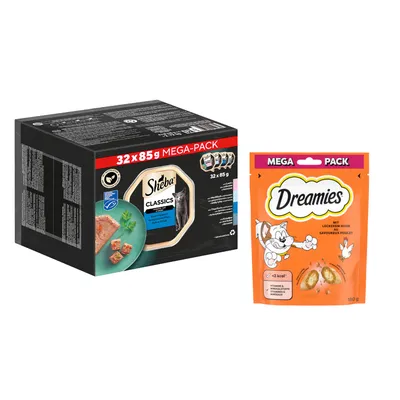 32 x 85 g of 120 x 85 g Sheba natvoer voor katten + 180 g Dreamies met Kip kattensnack gratis! - Classics in Paté Variaties in Kuipjes 32 x 85 g 32 x 85 g of 120 x 85 g Sheba natvoer voor katten + 180 g Dreamies met Kip kattensnack gratis! - Classics in Paté Variaties in Kuipjes 32 x 85 g