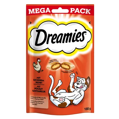 Dreamies Mega Pack con sabroso pollo, exterior crujiente e interior cremoso. Contiene vitaminas y minerales, solo 2 kcal por unidad. Tamaño: 180 g.