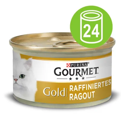 Scatoletta Purina Gourmet Gold Raffiniertes Ragout, immagine di un gatto bianco sull'etichetta, simbolo verde con numero 24 che indica confezione da 24 pezzi.
