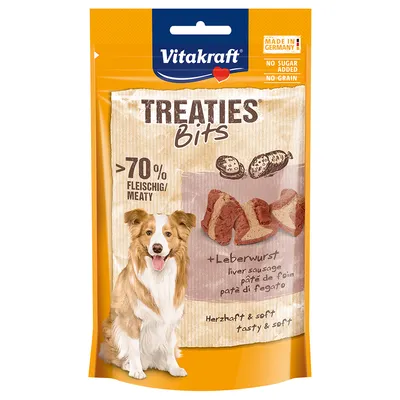 Vitakraft Treaties Bits with over 70% meat content and liver sausage. Made in Germany, no added sugar, grain-free. Savoury and soft dog snacks.