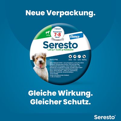 Seresto Halsband für Hunde bis 8 kg. Wirkungsdauer 7-8 Monate gegen Zecken, Flöhe, Larven und Haarlinge. Neue Verpackung, gleiche Wirkung, gleicher Schutz.