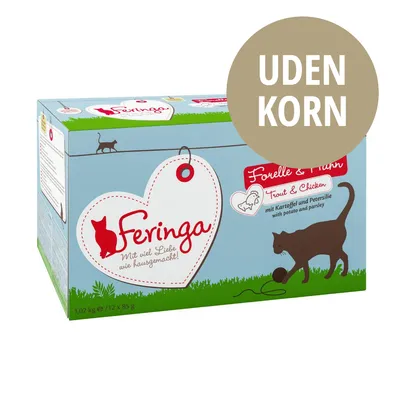 Feringa kattemad, Forelle & Huhn, Trout & Chicken, mit Kartoffel und Petersilie, UDEN KORN, 1,02 kg (12 x 85 g) synlig på pakken Feringa kattemad, Forelle & Huhn, Trout & Chicken, mit Kartoffel und Petersilie, UDEN KORN, 1,02 kg (12 x 85 g) synlig på pakken
