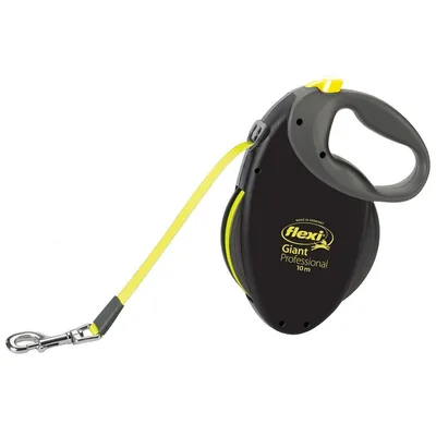 Smycz automatyczna Flexi Giant Professional 10 m, czarna z żółtą taśmą, widoczny uchwyt i metalowy karabińczyk. Tekst: Flexi Giant Professional 10 m.